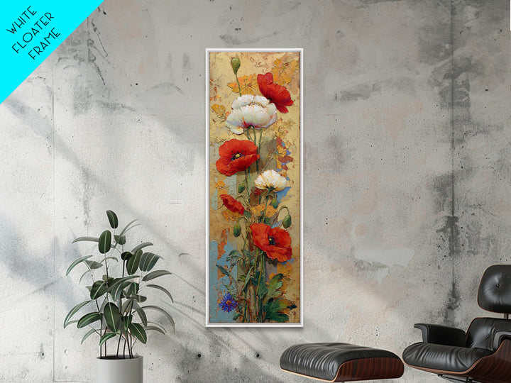 Poppies Beside a Stone Garden Wall Framed Canvas Print, French Country Art, Wall Art, Farmhouse Decor, Oil Painting, Country, FCA-1x3-75