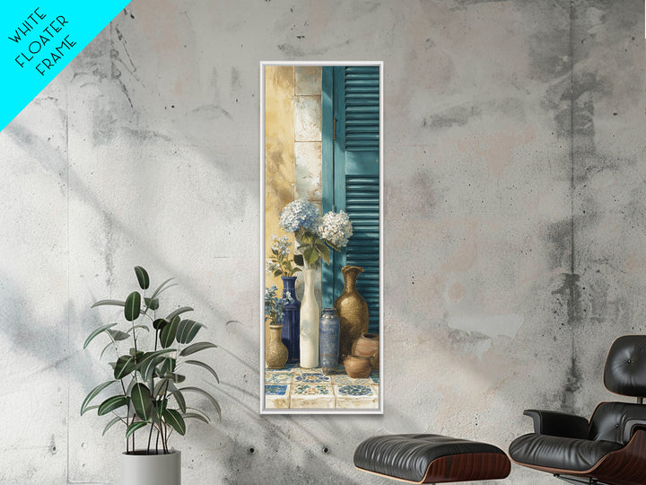 Soft Hydrangeas Beside Antique Shutters Framed Canvas Print, French Country Art, Contemporary Art, Farmhouse Decor, Country, FCA-1x3-92