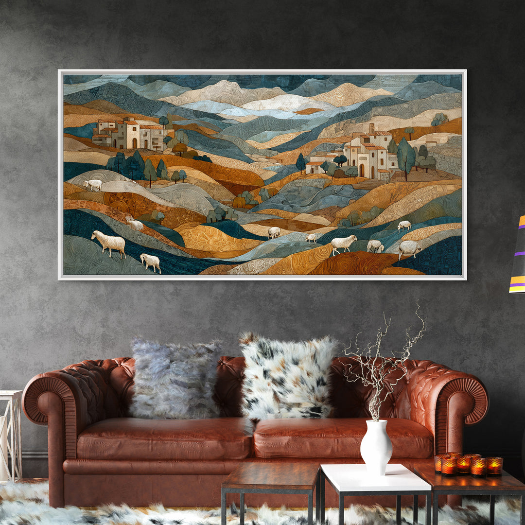 Pastoral Sheep in Rolling Countryside Framed Canvas Print, French Country Art, Home Decor, Farmhouse Decor, Fine Art, Country, FCA-2x1-10