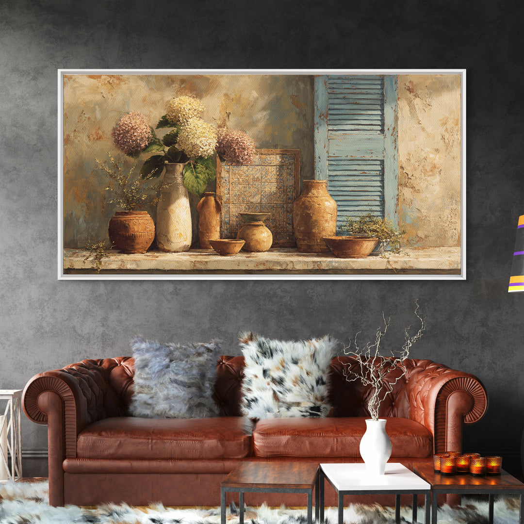Soft Hydrangeas Beside Antique Shutters Framed Canvas Print, French Country Art, Floral Wall Art, Farmhouse Decor, Country, FCA-2x1-100