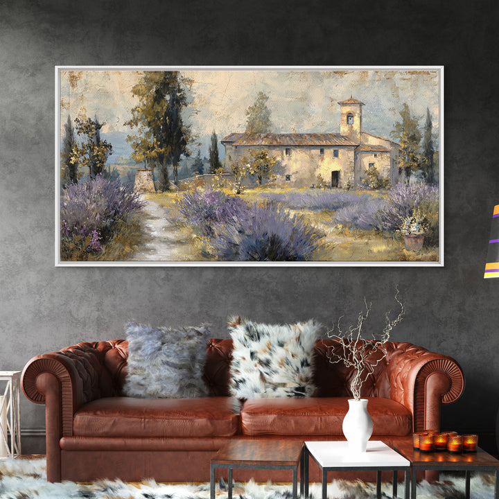 Lavender Field with Distant Stone Farmhouse Canvas Print, French Country Art, Farmhouse Decor, Oil Painting, Country, FCA-2x1-21