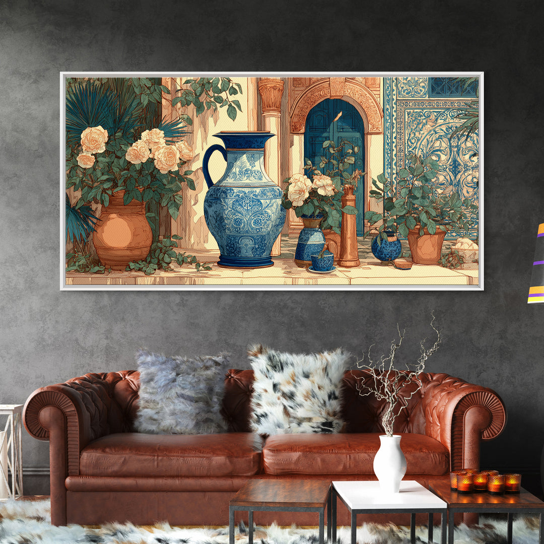 Blue and White Ceramic Pitcher Framed Canvas Print, French Country Art, Wall Art, Farmhouse Decor, Watercolor Art, Country, FCA-2x1-23