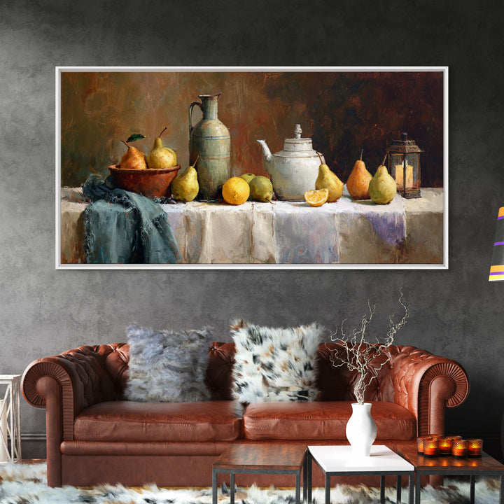 Pear Still Life on Linen Tablecloth Framed Canvas Print, French Country Art, Room Decor, Farmhouse Decor, Fine Art, Country, FCA-2x1-24