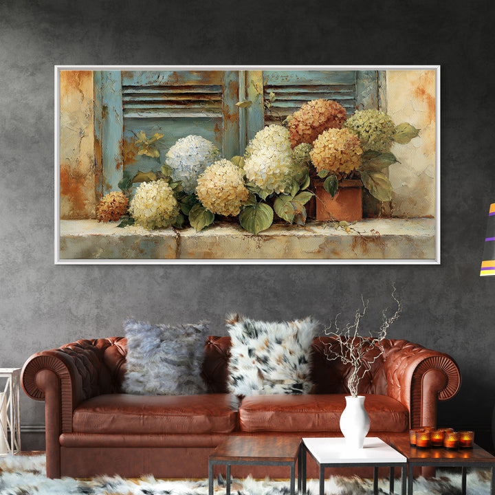 Soft Hydrangeas Beside Antique Shutters Framed Canvas Print, French Country Art, Textured Painting, Farmhouse Decor, Country, FCA-2x1-28