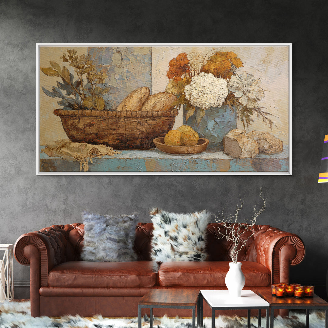 French Market Basket Framed Canvas Print, French Country Art, Digital Wall Art, Farmhouse Decor, Oil Painting, Country, FCA-2x1-3