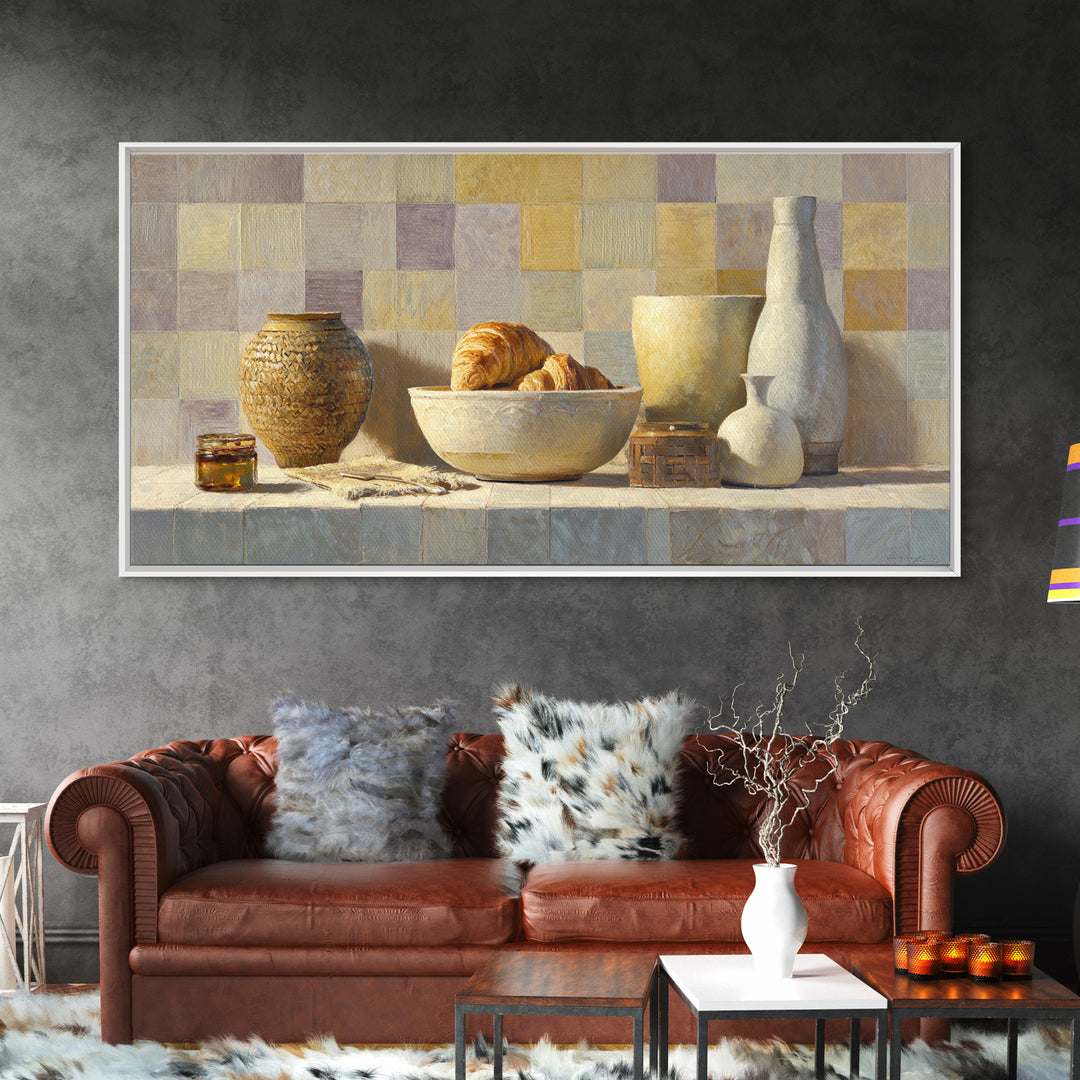 Caf Au Lait Bowl Framed Canvas Print, French Country Art, Above Bed Art, Farmhouse Decor, Fine Art, Country, Textured Painting, FCA-2x1-30