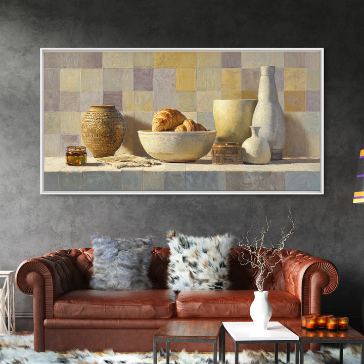 Caf Au Lait Bowl Framed Canvas Print, French Country Art, Above Bed Art, Farmhouse Decor, Fine Art, Country, Textured Painting, FCA-2x1-30