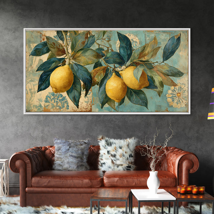 Aged Botanical Plate of Lemons and Leaves Canvas Print, French Country Art, Farmhouse Decor, Watercolor Art, Country, FCA-2x1-32
