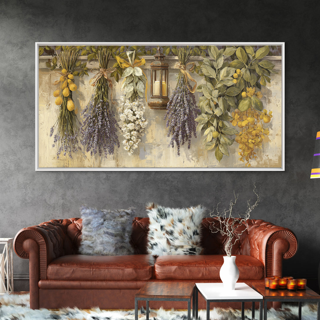 Farmhouse Kitchen Herbs Tied Framed Canvas Print, French Country Art, Above Bed Art, Farmhouse Decor, Fine Art, Country, FCA-2x1-33