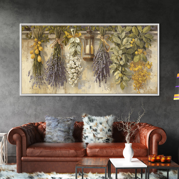 Farmhouse Kitchen Herbs Tied Framed Canvas Print, French Country Art, Above Bed Art, Farmhouse Decor, Fine Art, Country, FCA-2x1-33