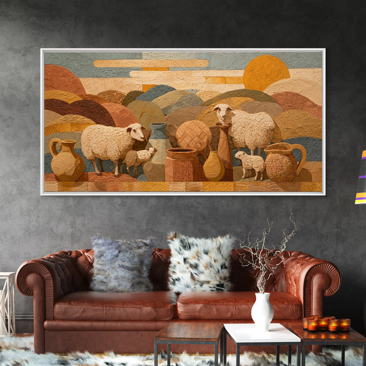 Pastoral Sheep in Rolling Countryside Framed Canvas Print, French Country Art, Home Decor, Farmhouse Decor, Fine Art, Country, FCA-2x1-34