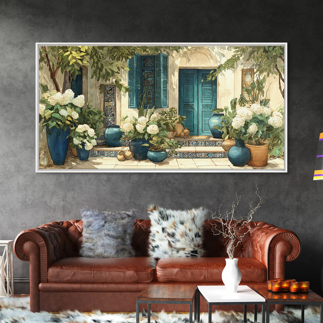 Soft Hydrangeas Beside Antique Shutters Canvas Print, French Country Art, Statement Artwork, Farmhouse Decor, Fine Art, Country, FCA-2x1-4