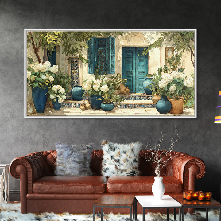 Soft Hydrangeas Beside Antique Shutters Canvas Print, French Country Art, Statement Artwork, Farmhouse Decor, Fine Art, Country, FCA-2x1-4