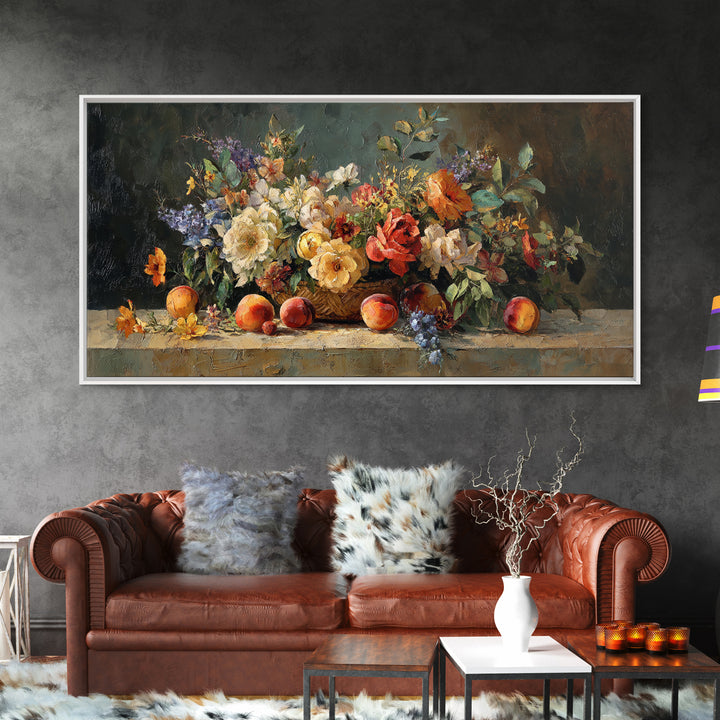 Basket of Fresh Peaches and Wildflowers Framed Canvas Print, French Country Art, Contemporary Art, Farmhouse Decor, Country, FCA-2x1-40