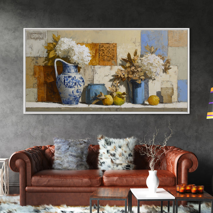 Blue and White Ceramic Pitcher Canvas Print, French Country Art, Oil Painting, Farmhouse Decor, Watercolor Art, Country, FCA-2x1-47