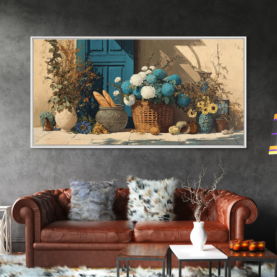 French Market Basket Framed Canvas Print, French Country Art, Digital Wall Art, Farmhouse Decor, Country, Floral Wall Art, FCA-2x1-51