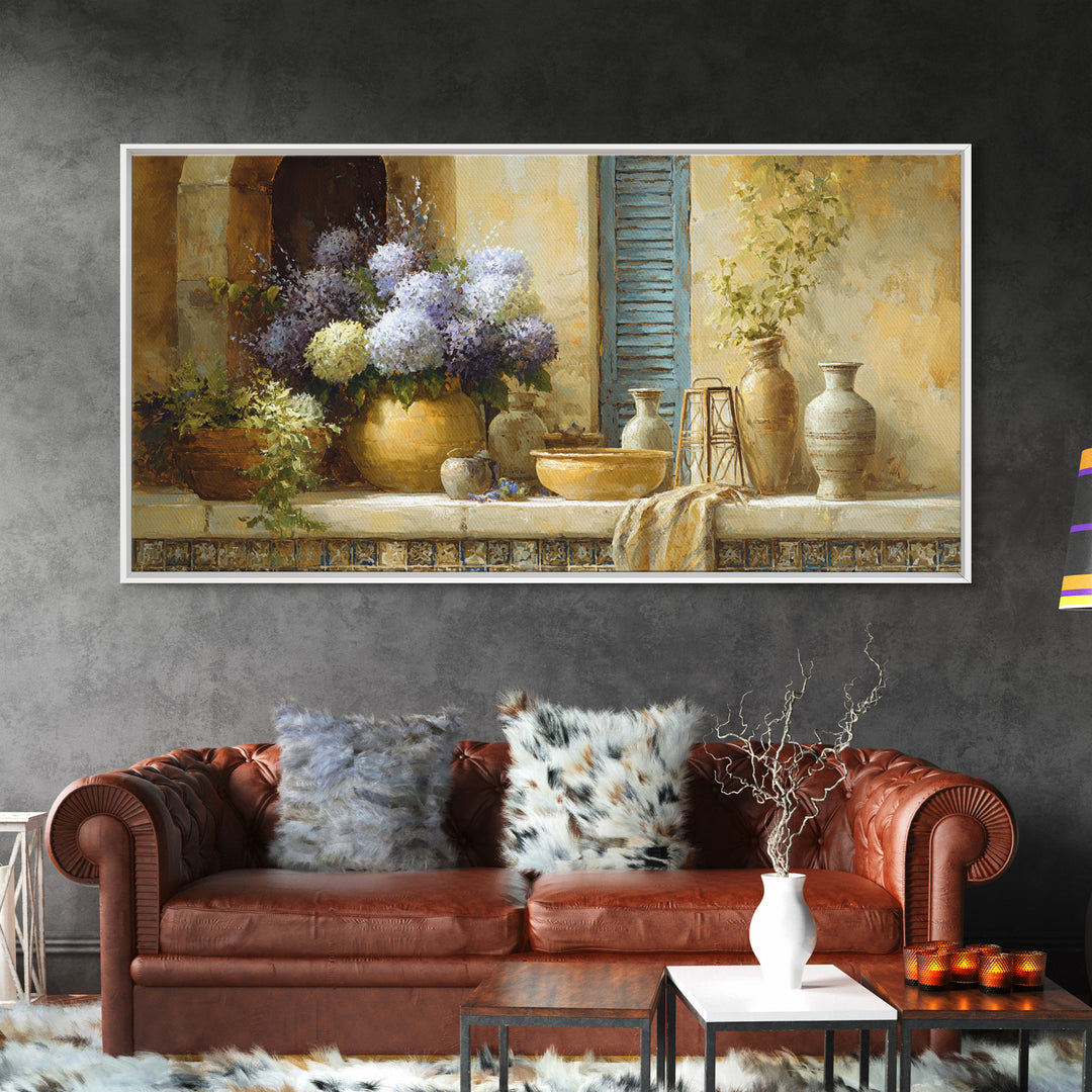 Soft Hydrangeas Beside Antique Shutters Canvas Print, French Country Art, Digital Prints, Farmhouse Decor, Fine Art, Country, FCA-2x1-52