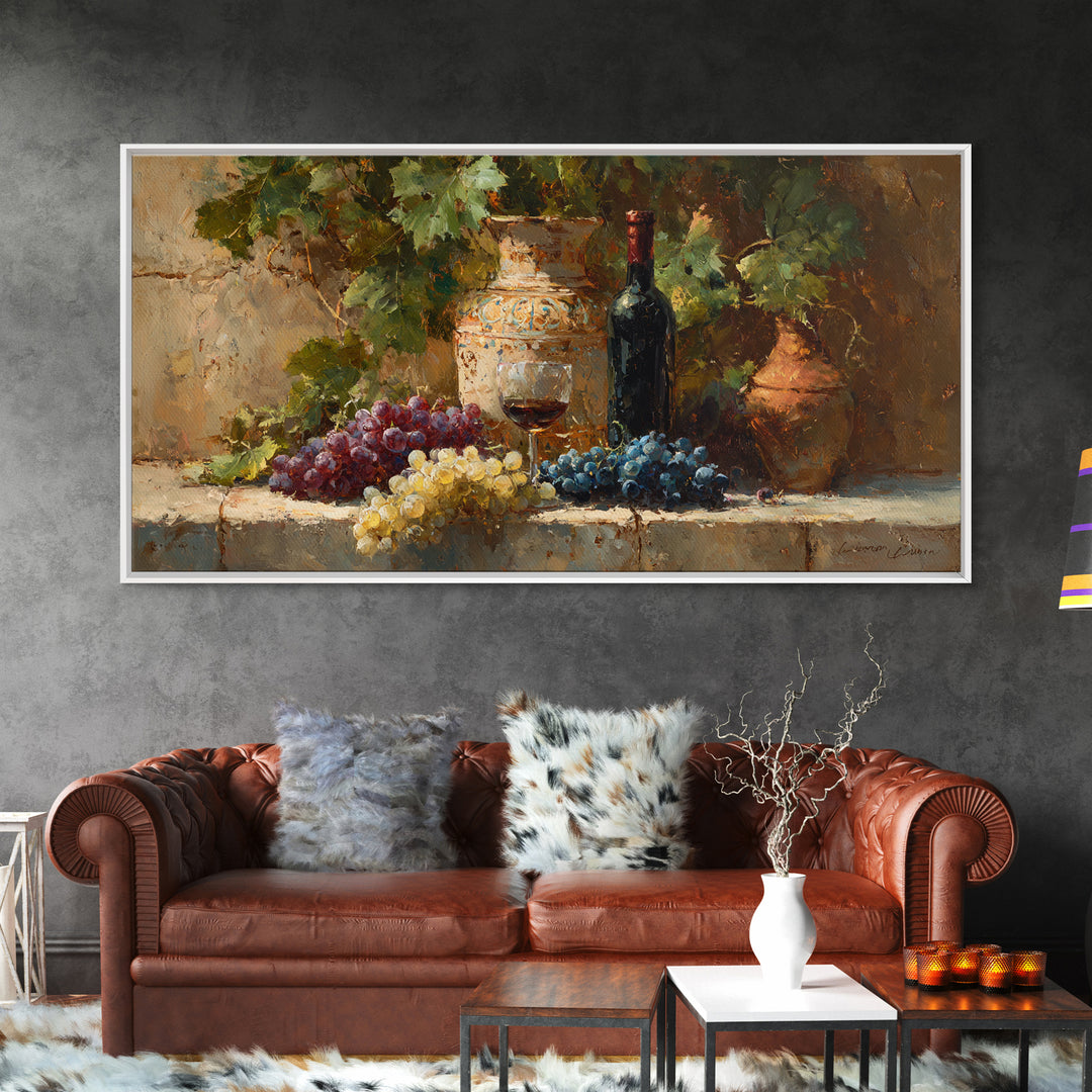Grapes and Wine Still Life Canvas Print, French Country Art, Farmhouse Decor, Oil Painting, Country, Digital Wall Art, FCA-2x1-53