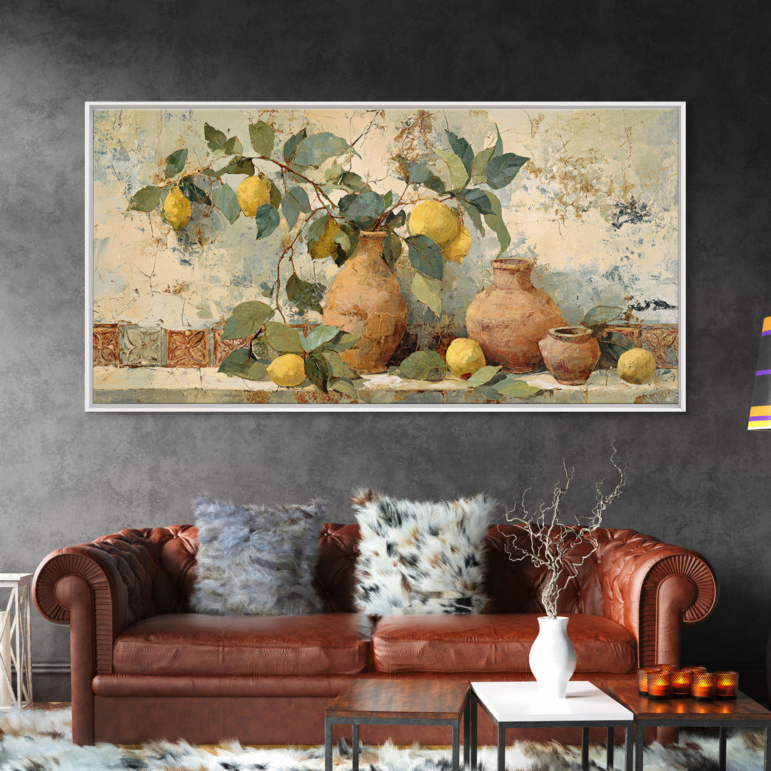 Aged Botanical Plate of Lemons and Leaves Framed Canvas Print, French Country Art, Digital Art, Farmhouse Decor, Country, FCA-2x1-56