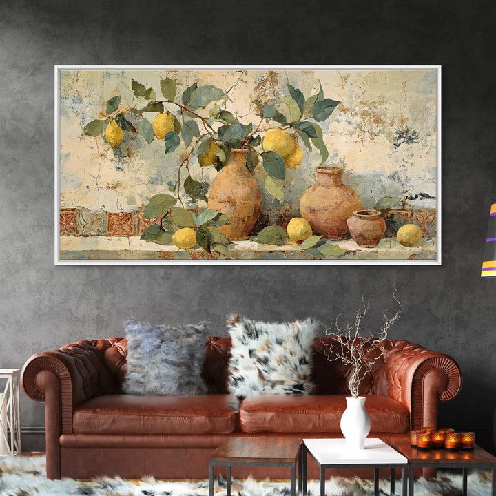 Aged Botanical Plate of Lemons and Leaves Framed Canvas Print, French Country Art, Digital Art, Farmhouse Decor, Country, FCA-2x1-56