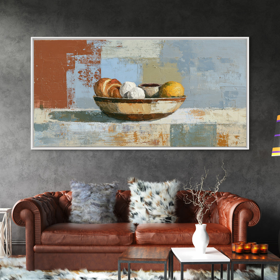 Caf Au Lait Bowl Framed Canvas Print, French Country Art, Above Bed Art, Farmhouse Decor, Fine Art, Country, Textured Painting, FCA-2x1-6