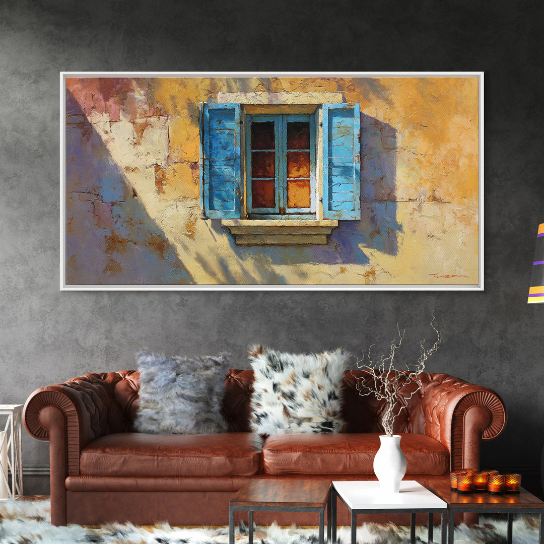 Weathered Window with Blue Shutters Framed Canvas Print, French Country Art, Boho Decor, Farmhouse Decor, Abstract Art, Country, FCA-2x1-65