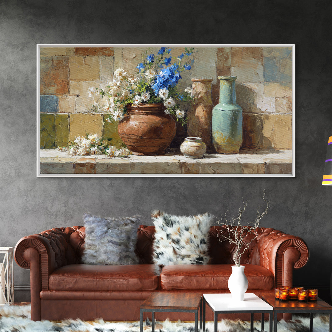 Antique Copper Pot and Flowers Still Life Canvas Print, French Country Art, Oil Painting, Farmhouse Decor, Watercolor Art, FCA-2x1-68
