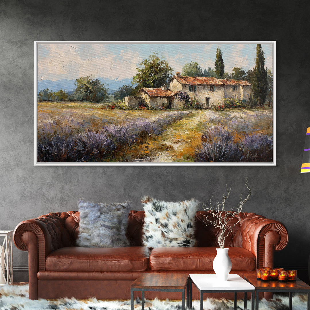 Lavender Field with Distant Stone Farmhouse Canvas Print, French Country Art, Minimalist Decor, Farmhouse Decor, Country, FCA-2x1-69
