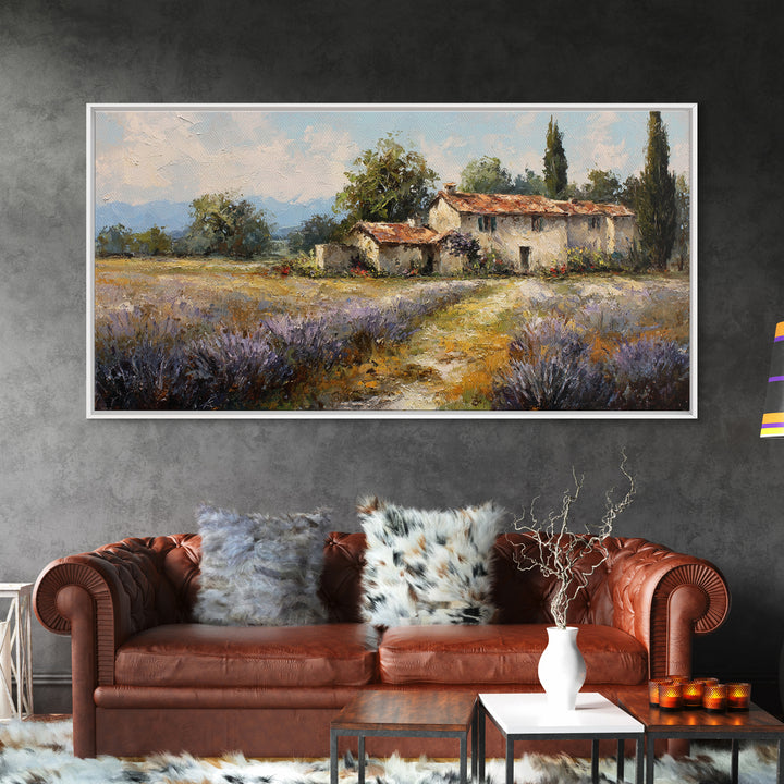 Lavender Field with Distant Stone Farmhouse Canvas Print, French Country Art, Minimalist Decor, Farmhouse Decor, Country, FCA-2x1-69