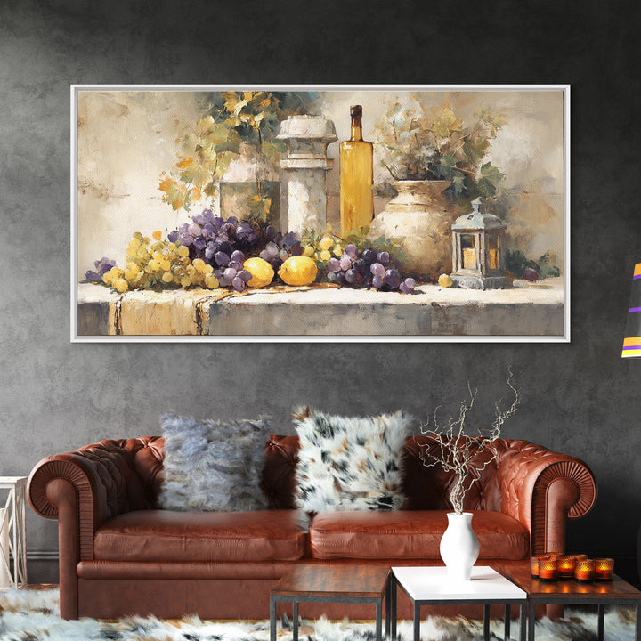 Grapes and Wine Still Life Canvas Print, French Country Art, Farmhouse Decor, Oil Painting, Country, Digital Wall Art, FCA-2x1-77