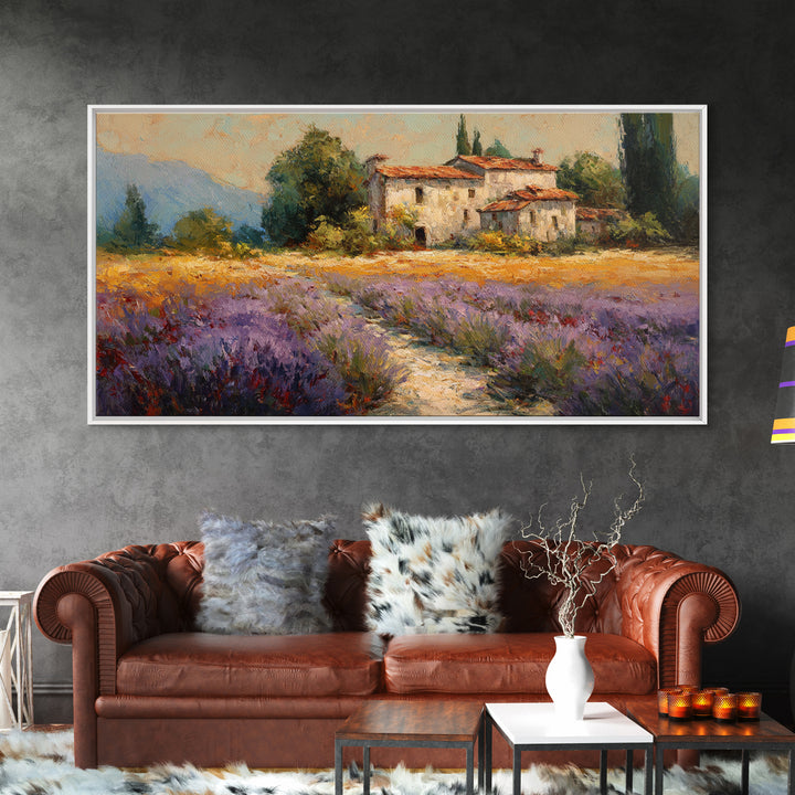 Lavender Field with Distant Stone Farmhouse Canvas Print, French Country Art, Minimalist Decor, Farmhouse Decor, Country, FCA-2x1-93