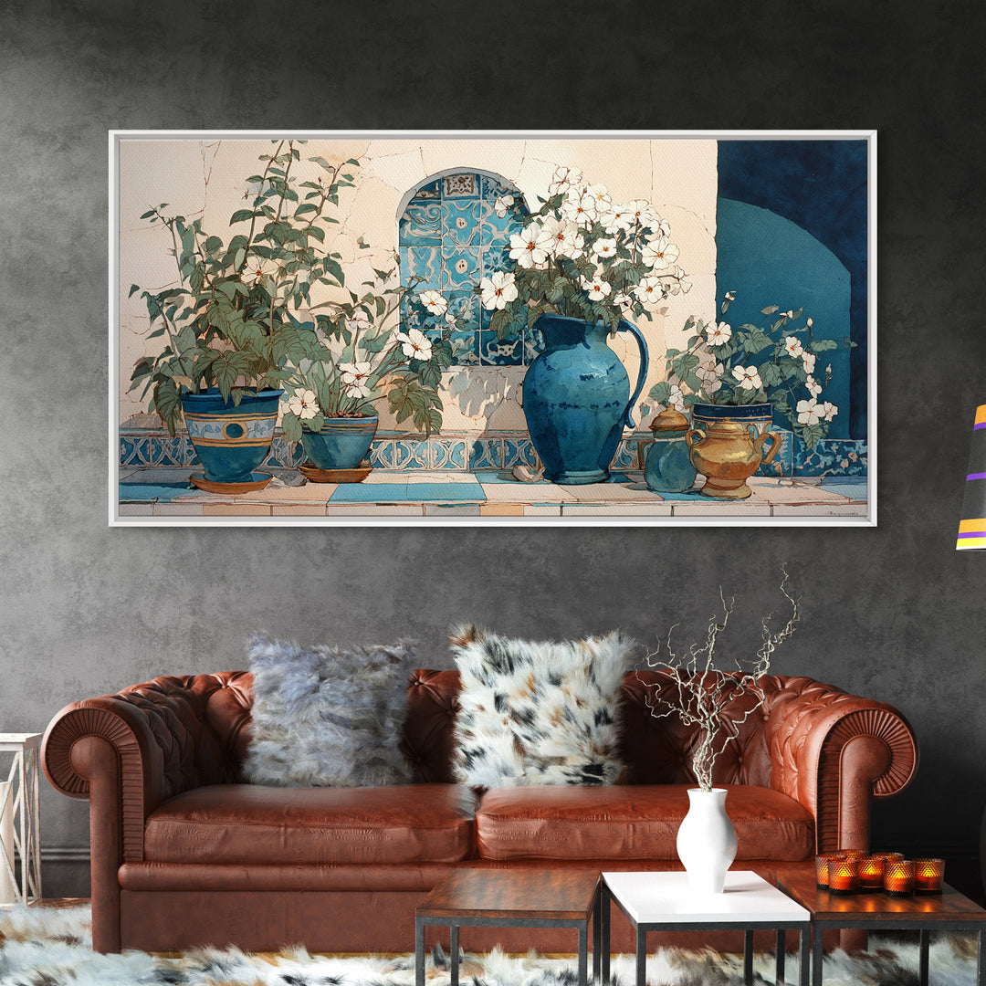 Blue and White Ceramic Pitcher Framed Canvas Print, French Country Art, French Country Decor, Farmhouse Decor, Oil Painting, FCA-2x1-95