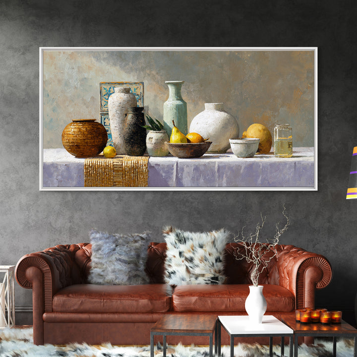 Pear Still Life on Linen Tablecloth Framed Canvas Print, French Country Art, Digital Art Prints, Farmhouse Decor, Country, FCA-2x1-96