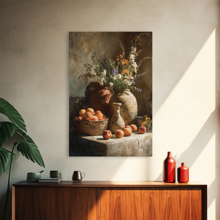 Basket of Fresh Peaches and Wildflowers Canvas Print, French Country Art, Floral Wall Art, Farmhouse Decor, Country, FCA-2x3-100