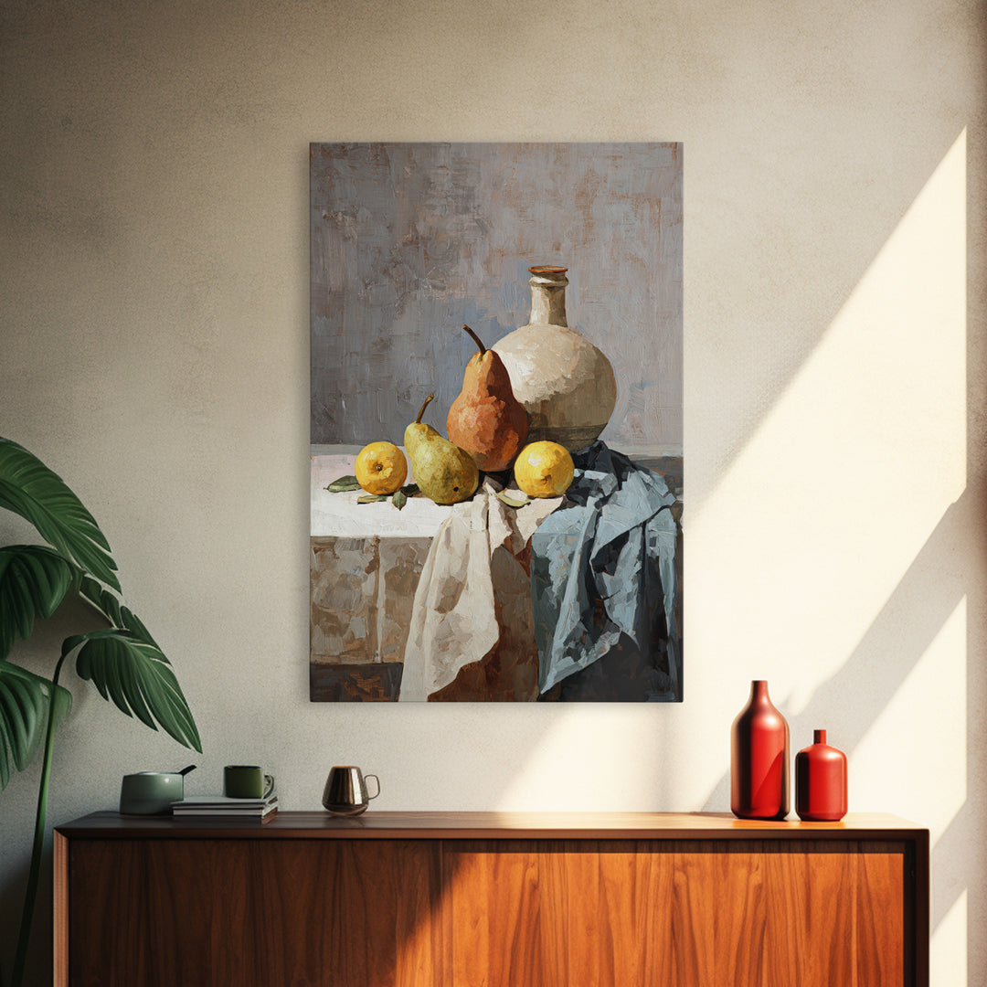 Pear Still Life on Linen Tablecloth Framed Canvas Print, French Country Art, Downloadable Art, Farmhouse Decor, Country, FCA-2x3-12