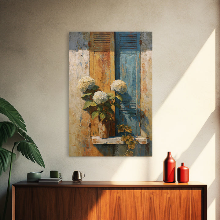 Soft Hydrangeas Beside Antique Shutters Canvas Print, French Country Art, Original Painting, Farmhouse Decor, Fine Art, Country, FCA-2x3-16