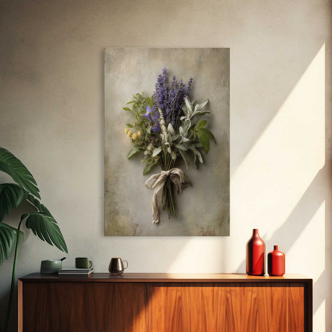 Farmhouse Kitchen Herbs Tied Framed Canvas Print, French Country Art, Above Bed Art, Farmhouse Decor, Oil Painting, Country, FCA-2x3-21