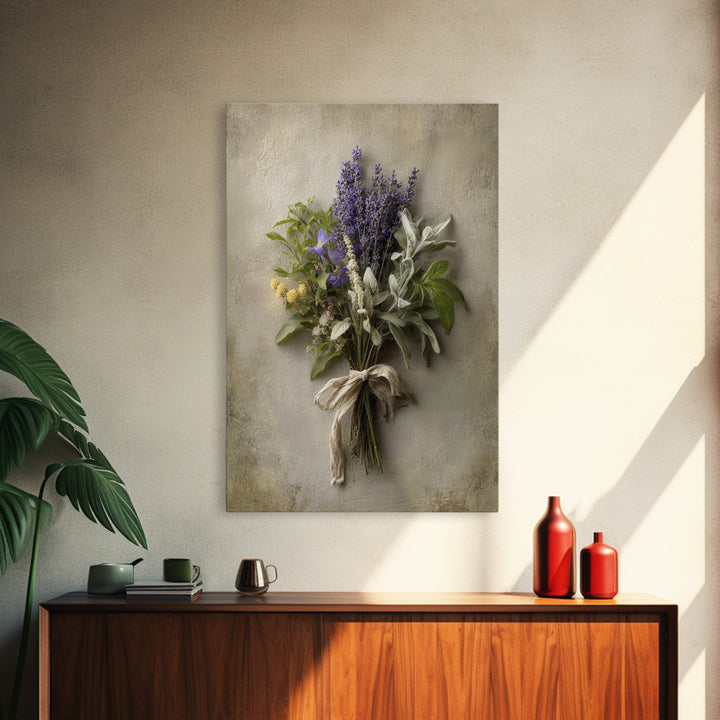 Farmhouse Kitchen Herbs Tied Framed Canvas Print, French Country Art, Above Bed Art, Farmhouse Decor, Oil Painting, Country, FCA-2x3-21