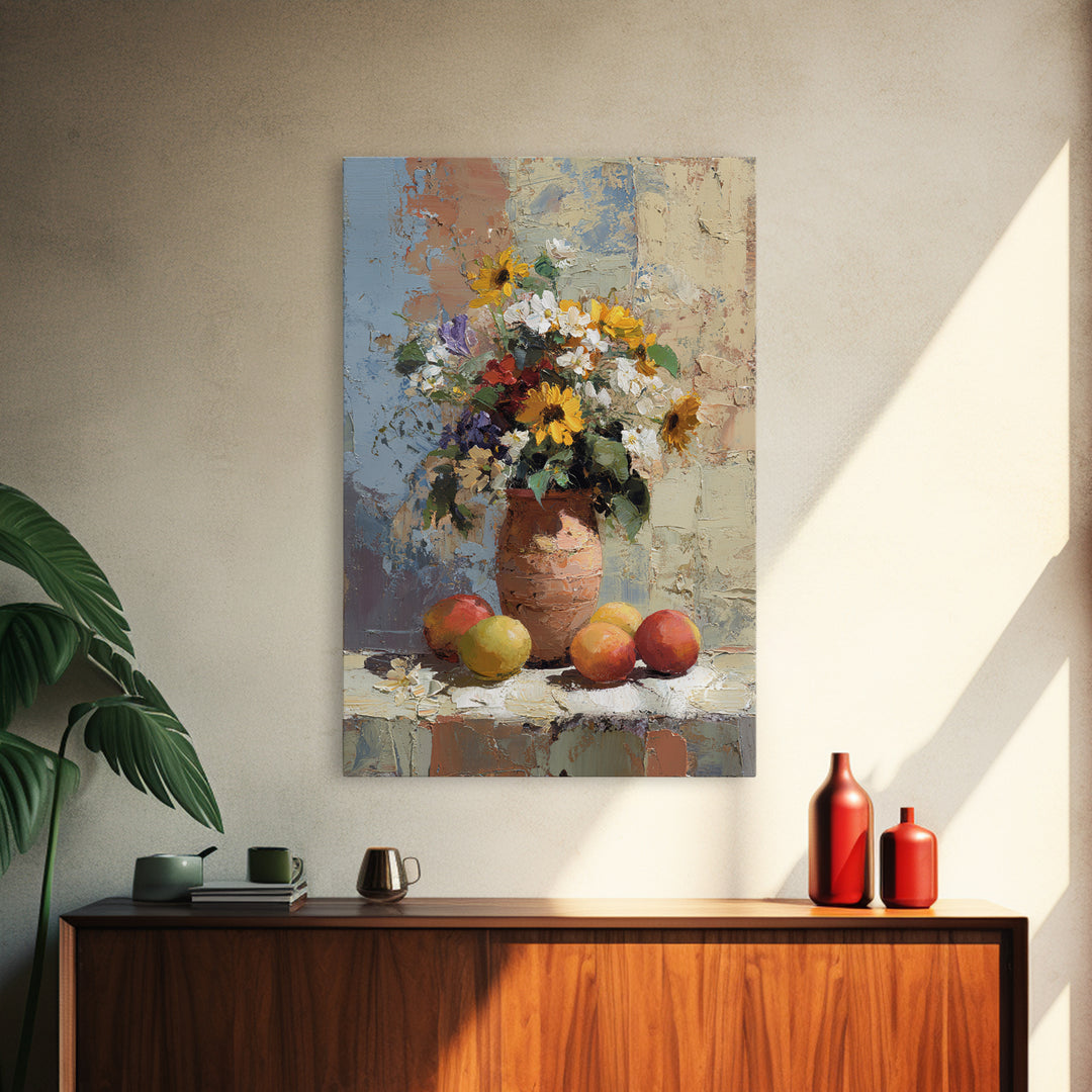 Basket of Fresh Peaches and Wildflowers Canvas Print, French Country Art, Textured Painting, Farmhouse Decor, Country, FCA-2x3-28