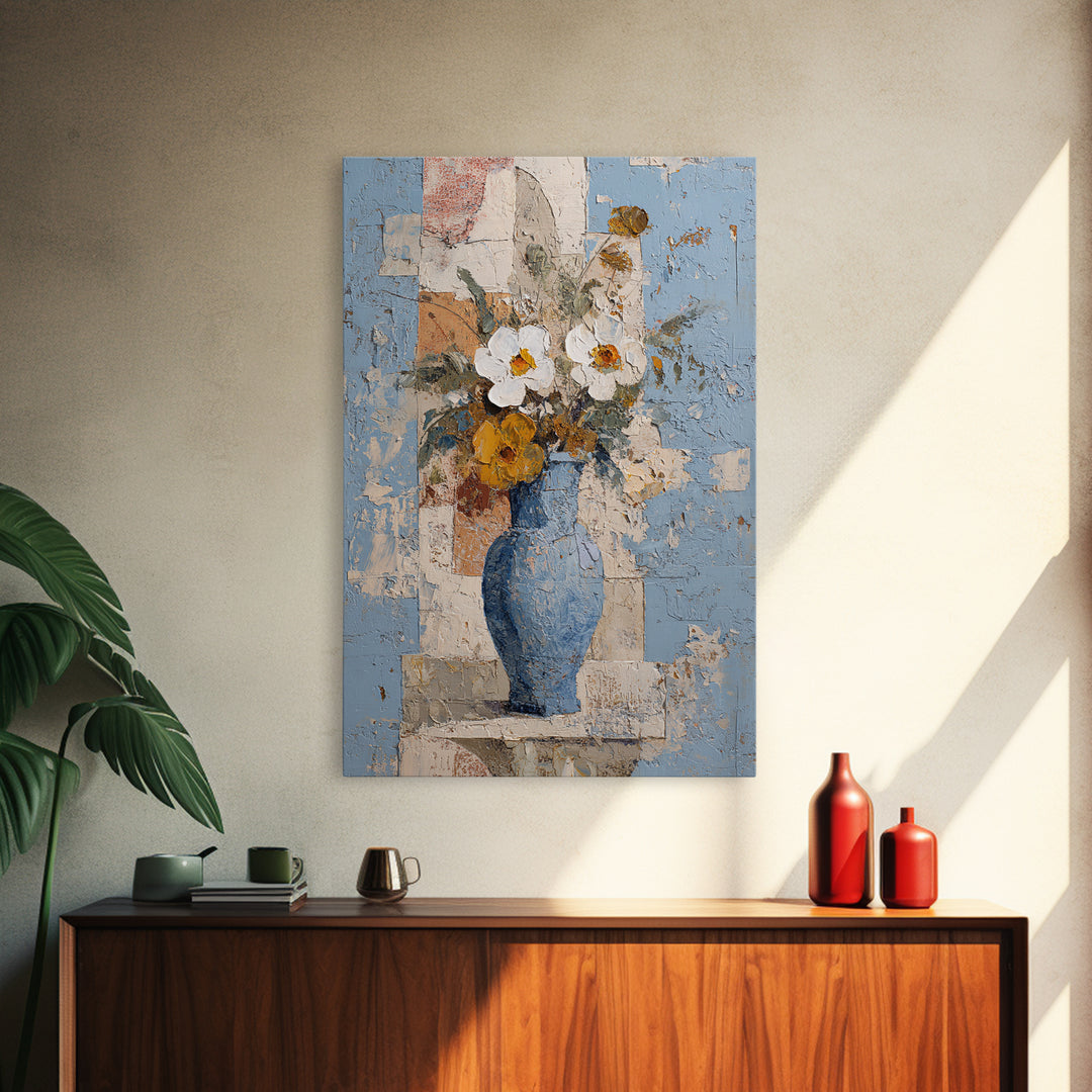 Blue and White Ceramic Pitcher Canvas Print, French Country Art, Botanical Wall Art, Farmhouse Decor, Watercolor Art, Country, FCA-2x3-35