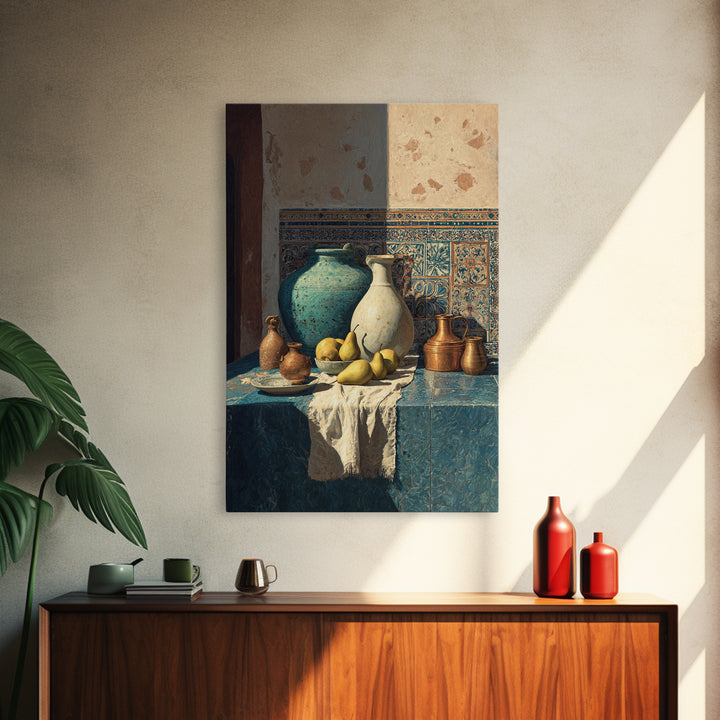 Pear Still Life on Linen Tablecloth Framed Canvas Print, French Country Art, Farmhouse Decor, Abstract Art, Country, FCA-2x3-36