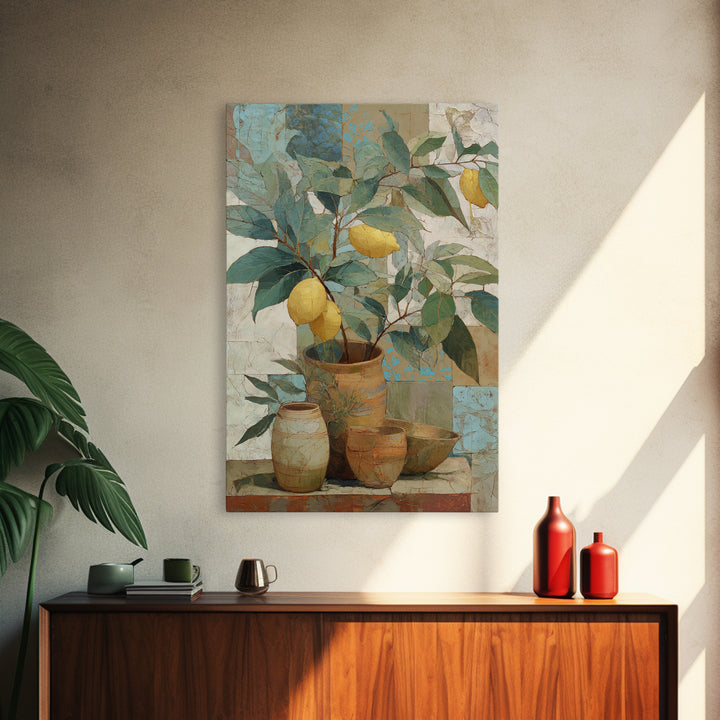 Aged Botanical Plate of Lemons and Leaves Framed Canvas Print, French Country Art, Farmhouse Decor, Watercolor Art, Country, FCA-2x3-44