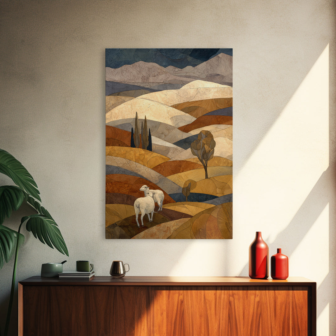 Pastoral Sheep in Rolling Countryside Framed Canvas Print, French Country Art, Home Decor, Farmhouse Decor, Fine Art, Country, FCA-2x3-46