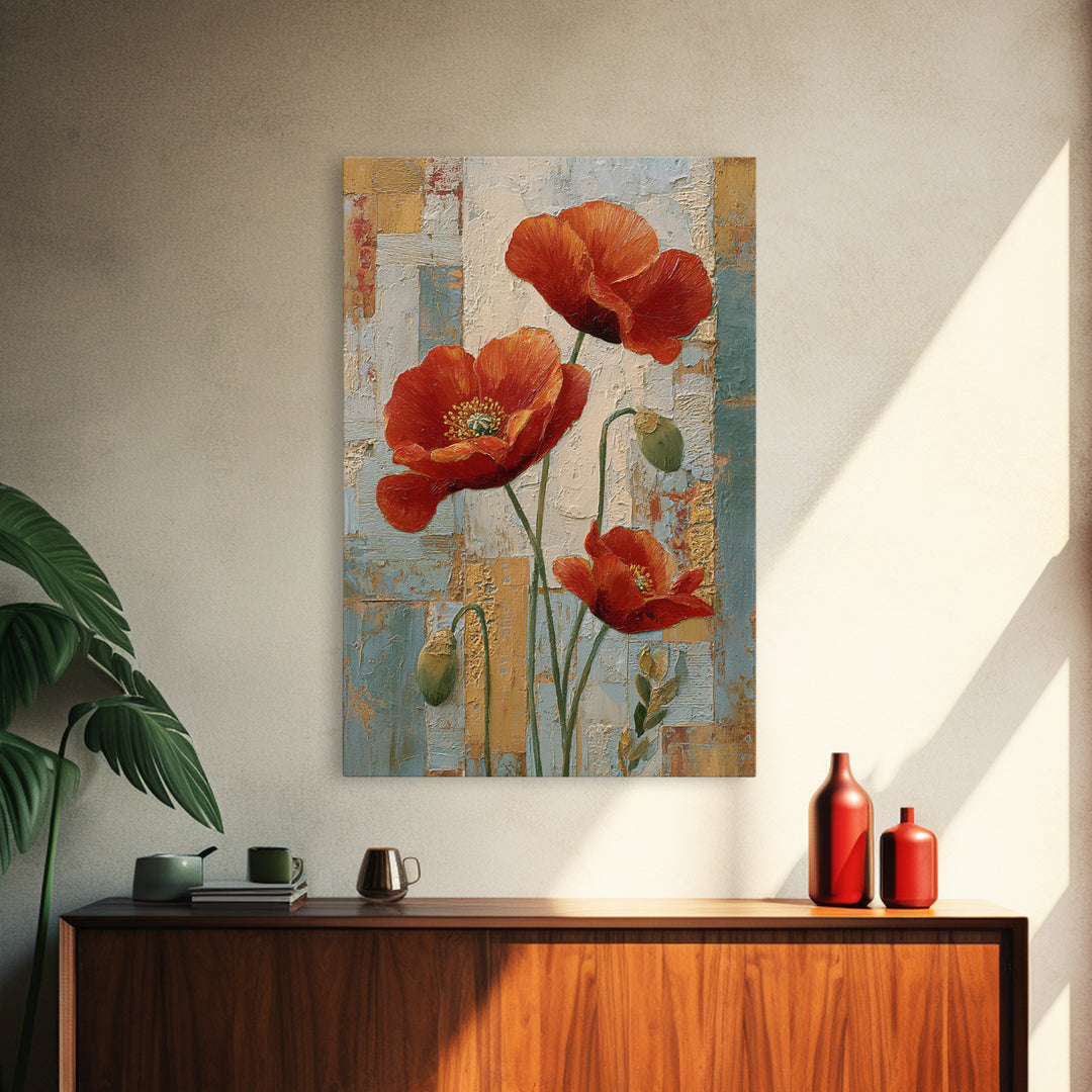 Poppies Beside a Stone Garden Wall Framed Canvas Print, French Country Art, French Country Decor, Farmhouse Decor, Country, FCA-2x3-47