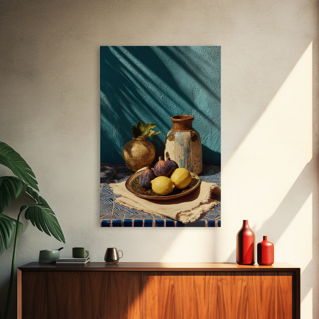 Figs on Ceramic Plate Framed Canvas Print, French Country Art, Digital Art Prints, Farmhouse Decor, Abstract Art, Country, FCA-2x3-48