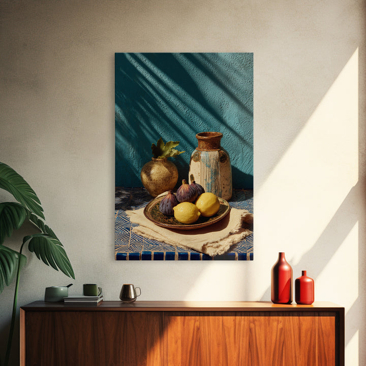 Figs on Ceramic Plate Framed Canvas Print, French Country Art, Digital Art Prints, Farmhouse Decor, Abstract Art, Country, FCA-2x3-48