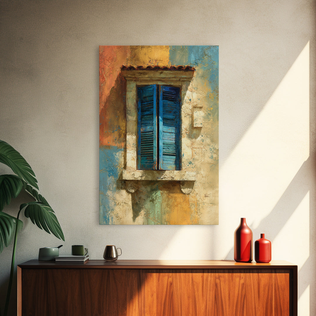 Weathered Window with Blue Shutters Framed Canvas Print, French Country Art, Boho Decor, Farmhouse Decor, Oil Painting, Country, FCA-2x3-53