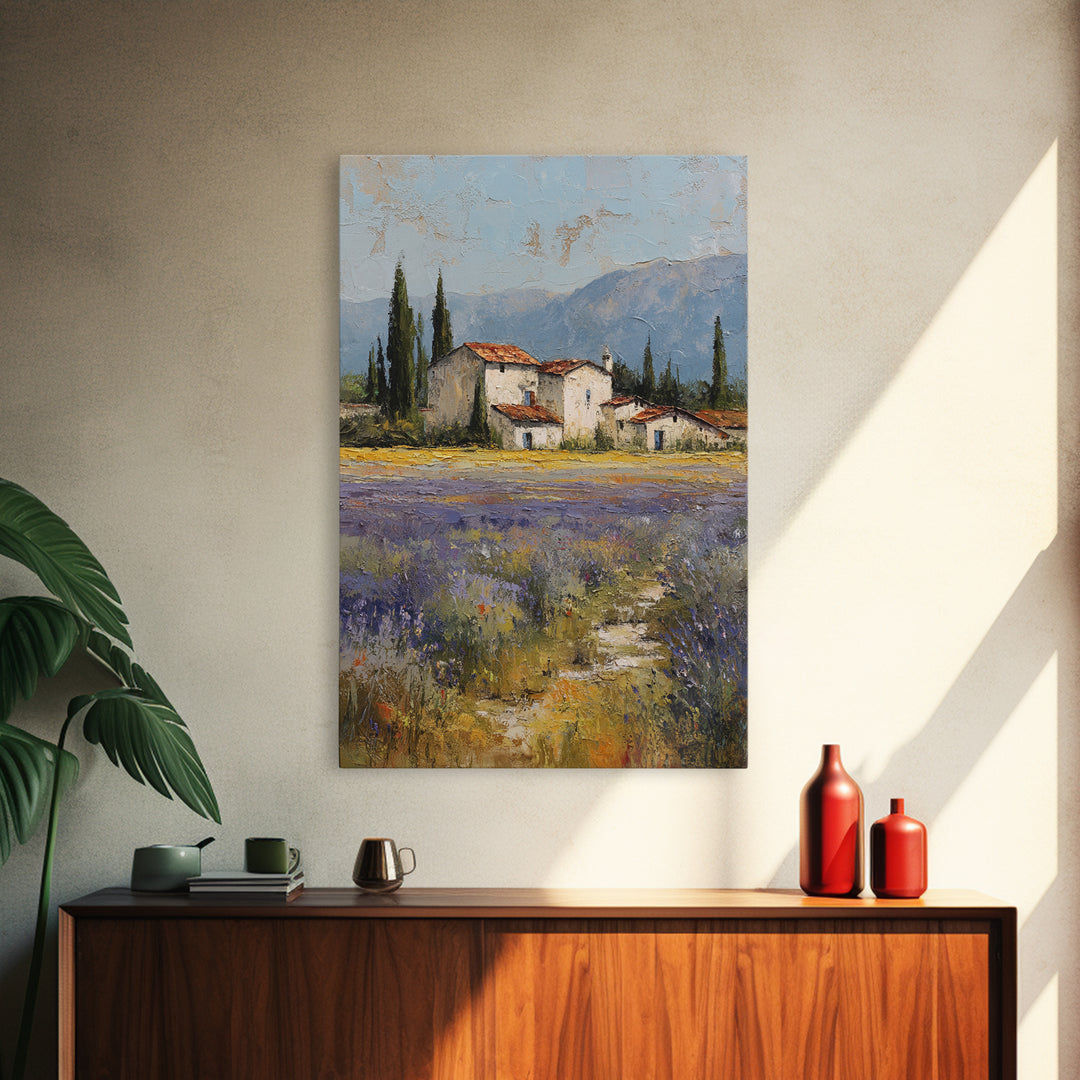 Lavender Field with Distant Stone Farmhouse Canvas Print, French Country Art, Minimalist Decor, Farmhouse Decor, Oil Painting, FCA-2x3-57