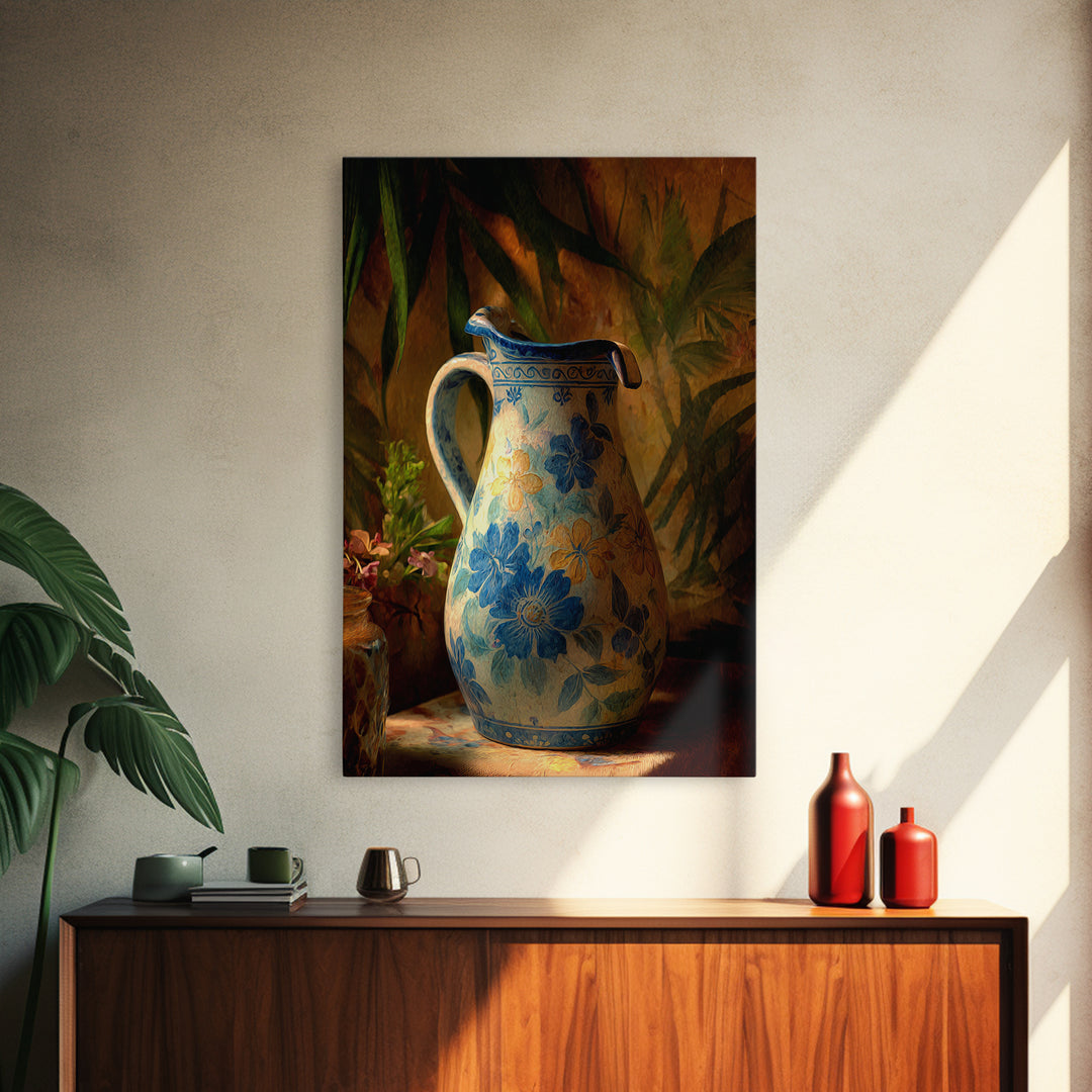 Blue and White Ceramic Pitcher Framed Canvas Print, French Country Art, Landscape Wall Art, Farmhouse Decor, Watercolor Art, FCA-2x3-59