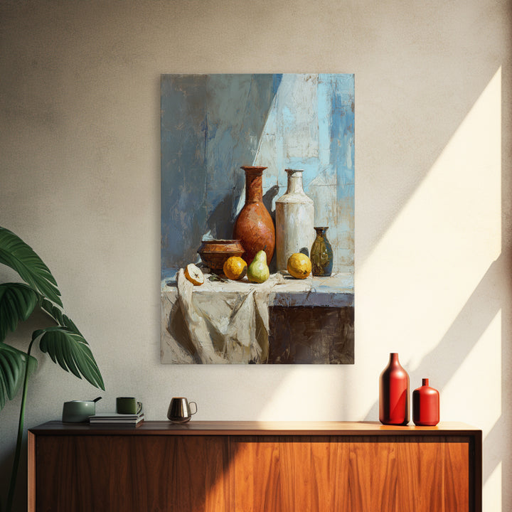 Pear Still Life on Linen Tablecloth Framed Canvas Print, French Country Art, Downloadable Art, Farmhouse Decor, Abstract Art, FCA-2x3-60